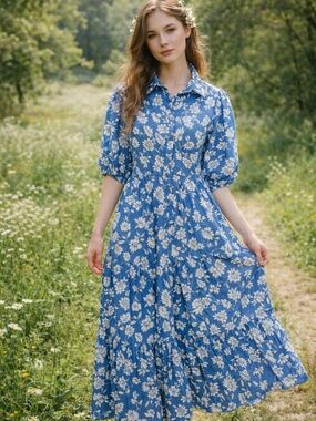 Zara button down maxi dress L blue florals tiered skirt puffed sleeves cottage